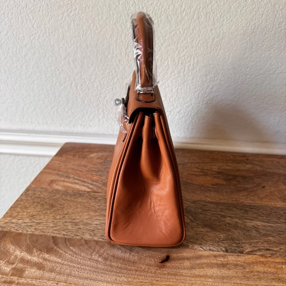 LEATHER INSIDE & OUT | Tan Orange 25 KL Belted Satchel Bag Dual Wide Strap B4 - Picture 7 of 13